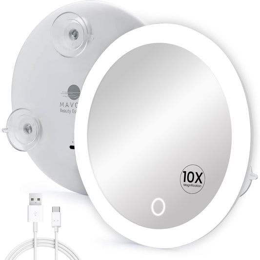 Mavoro 6.8" LED Magnifying Mirror with 3 Strong Suction Cups | 10X Magnification | Portable Lighted Travel Makeup & Cosmetic Mirror with Light (USB-C Rechargeable Built-in Battery |10X)