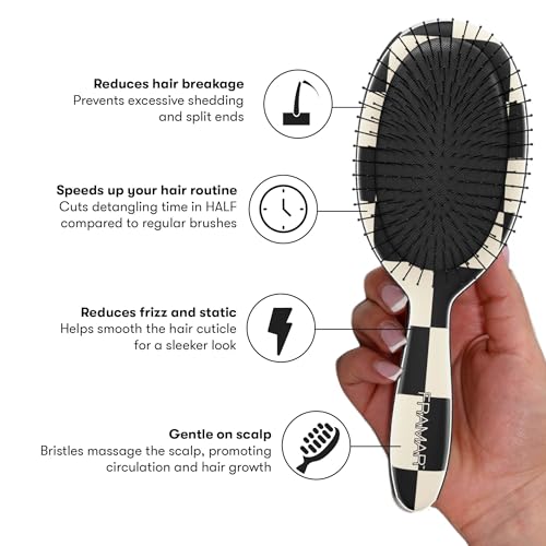 FRAMAR Checkered Print Hair Brush Detangler ? Wet Hair Brushes For Women, Womens Hair Brush, Black and White Checkered Hair Accessories, Hairbrush For Women, Cepillos Para Cabello ? Detangle Brush
