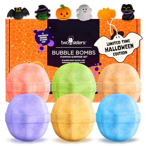 Halloween Bath Bombs for Kids with Surprise Halloween Toys Inside (6 Pack) - Large Pumpkin Bath Bombs for Kids, Boys, Girls & Teens ? Spooky Boo Basket Stuffers for Kids - Made in USA by Two Sisters