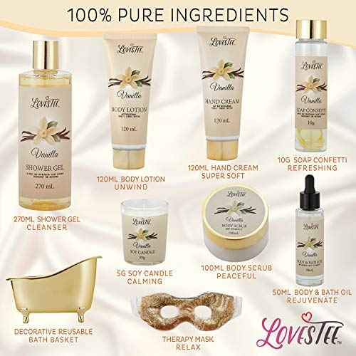 Mothers Day Gifts, Spa Basket for Women, Vanilla Bath & Body Set, Christmas & Birthday Gift, Includes Shower Gel, Body Lotion, Hand Cream, Body Scrub, Message Oil, Candle, Eye Mask, Confetti