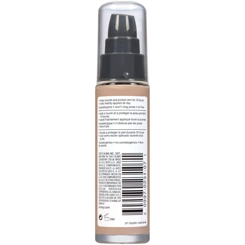 Almay Truly Lasting Color Liquid Makeup, Long Wearing Natural Finish Foundation with Vitamin E and Lemon Extract, Hypoallergenic, Cruelty Free, Fragrance Free, Dermatologist Tested, 280 Warm, 1 oz