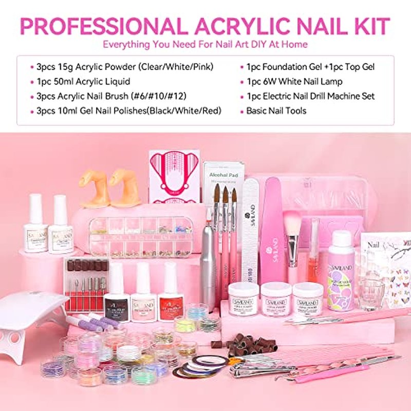 SAVILAND Professional Acrylic Nail Kit for Beginner: Acrylic Nail Set for Starter with Everything Gel Nail Polish Nail Drill U V Nail Light Gift Home Salon