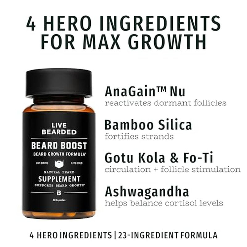 Live Bearded Beard Boost - Beard Growth Vitamins for Men with Biotin, Collagen, Silica, Fo-Ti Root - Facial Hair Growth for Men, Made in The USA | 60-Day Supply