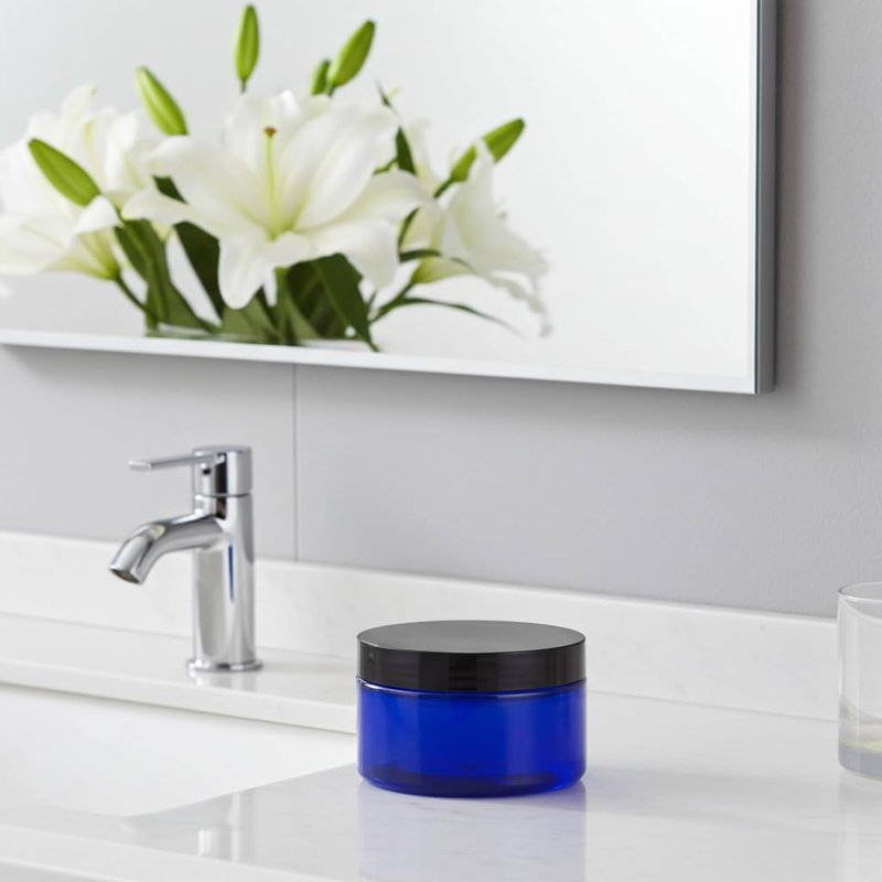 (12 pack) 6 oz Cobalt Blue PET Plastic Jar with Black Smooth Lid Storage Containers