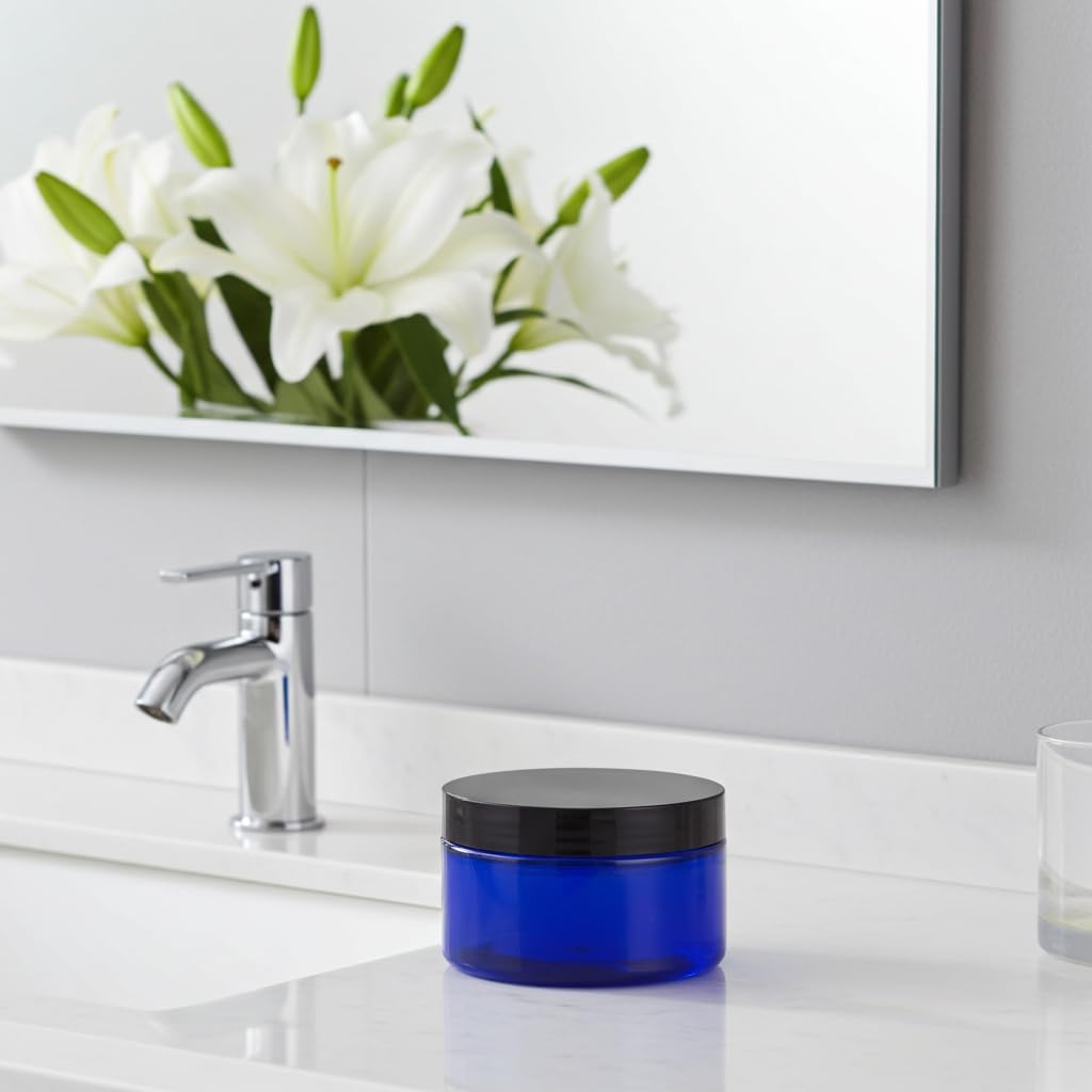(12 pack) 6 oz Cobalt Blue PET Plastic Jar with Black Smooth Lid Storage Containers