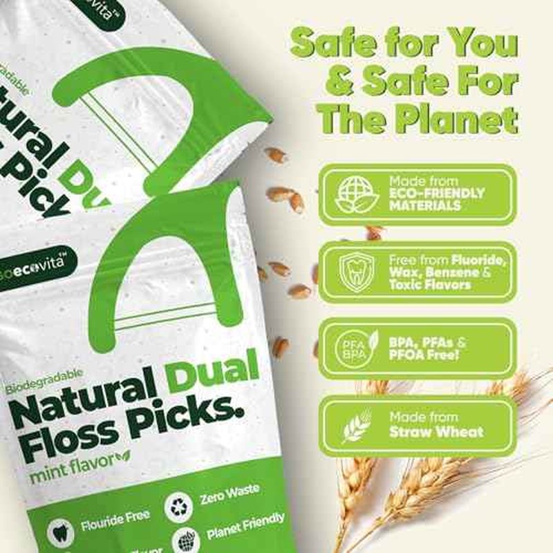 Biodegradable Dual Thread Floss Picks - Natural Straw Wheat Handle | Tight Gap Dental Flossers for Adults | Gentle on Gums & Teeth | Eco Friendly, Vegan, Natural (100 Pack, Mint)