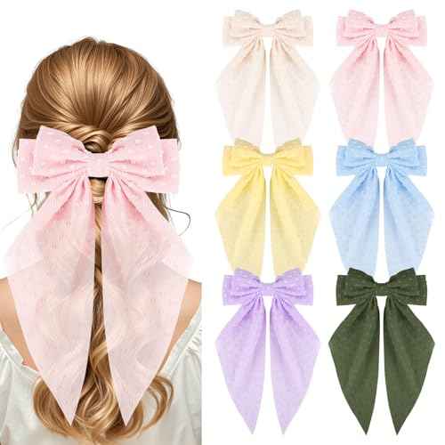 6PCS Big Bows Hair Clips Vintage Large Ribbon Bow Clips Cute Oversized Satin Hair Clips with Long Tails Hair Aesthetic Accessories for Women Lady Girls (Style 4)