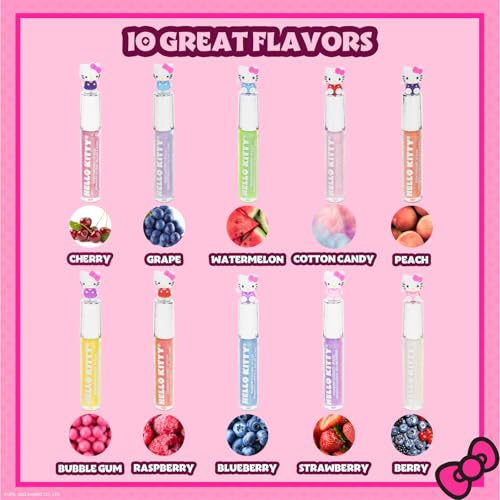 Hello Kitty 10 Piece Plant Based Lip Gloss, Girls Party Favors, First Makeup Set for Girl, Perfect for Parties, Sleepovers, and Birthday Gifts, Ages 3+, by Townley Girl
