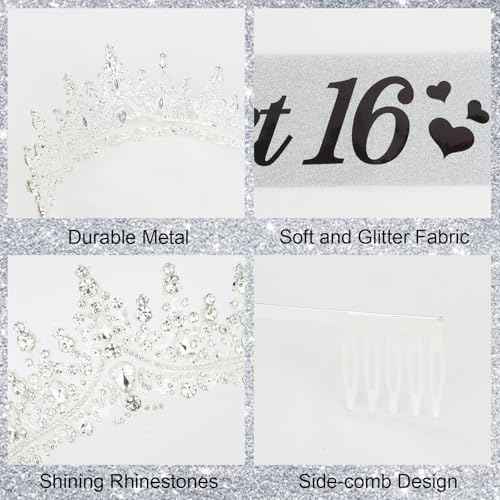 CURASA 16th Birthday Sash and Crown Silver Sweet 16 Sash 16th Birthday Tiara for Women Girls Sweet 16 Decorations Party Supplies