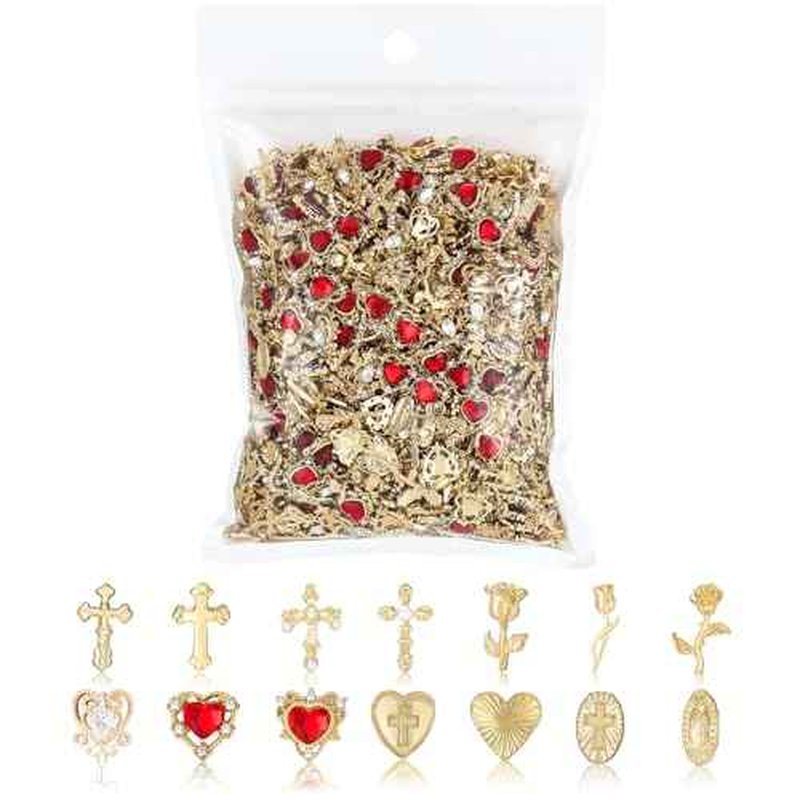 128PCS Gold Nail Charms Set with Rhinestones and Gems, Rose, Hearts, Cross and Virgin Mary - Y2K 3D Shiny Jewelry Nail Decorations Accessories Supplies