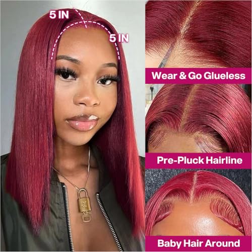 Wear and Go Glueless Bob Wig Human Hair 200% Density 5x5 HD Lace Closure Wigs For Black Women Glueless 5x5 Closure Wigs Human Hair Pre Plucked Bob Burgundy Color 14 Inch