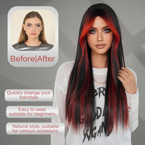 7JHH WIGS 31in Ombre Red Black Long Straight Highlight Wigs with Curtain Bangs Natural Heat Resistant Synthetic Fiber Layered Highlight Midlle Part Women Wigs for Chrismas Daily Party Daily Used
