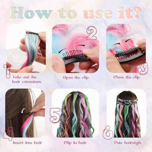 Colored Hair Extensions for Kids, Curly Hair Extensions Clip ins, Little Girl Hairpieces for Birthday Party, Festival, Goodie Bags, 14 PCS