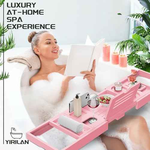 Yirilan Premium Bathtub Tray Caddy - Expandable Bath Tray - Unique House Warming Gifts, New Home, Anniversary & Wedding Gifts for Couple, Bridal Shower Gift for Women-Pink