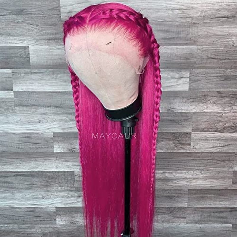 Maycaur Long Straight Hot Pink Lace Front Wigs Pre Plucked Hairline Glueless Hair Rose Red Synthetic Lace Front Wigs for Fashion Women Heat Resistant Fiber