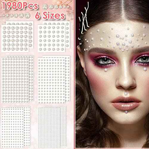 1980Pcs Self Adhesive Pearl Stickers, Shynek Pearls Sticker Gems for Hair, Face, Makeup, Eye, Nail, Crafts, Assorted Sizes