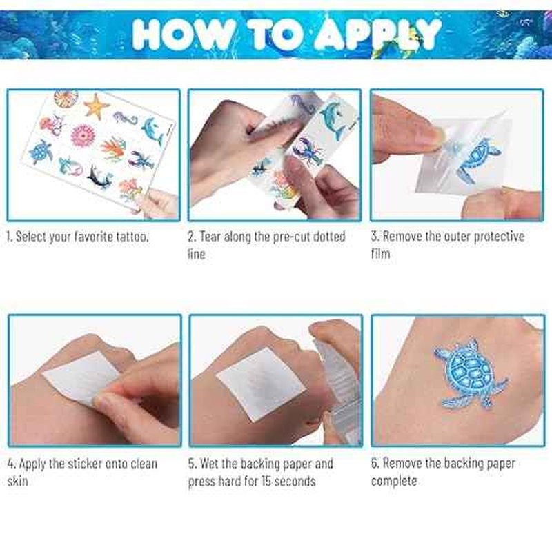 96 PCS Ocean Sea Animal Shark Whale Fish Pre-Cut Temporary Tattoos for Kids | Super Cute Themed Birthday Party Favors, Supplies, Decorations, Fake Tattoo Stickers (Multiple)