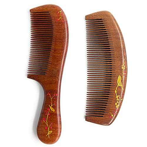 Handmade Wooden and Natural Sandalwood Combs Set - Detangling Fine Tooth Comb with Handle for Women, Anti Static Moon Shape Comb for Straight, Wavy, Dry, Thick or Fine Hair