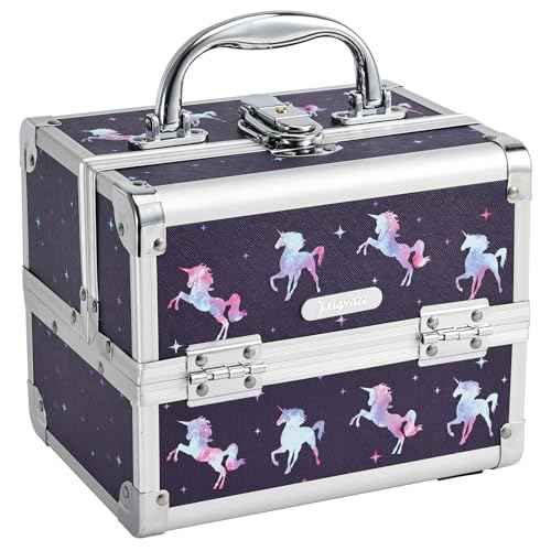 Joligrace Makeup Case for Girls Cosmetic Train Case Makeup Storage Box Jewelry Organizer Hair Accessories Lockable with Trays & Mirror Kids Gift Unicorn