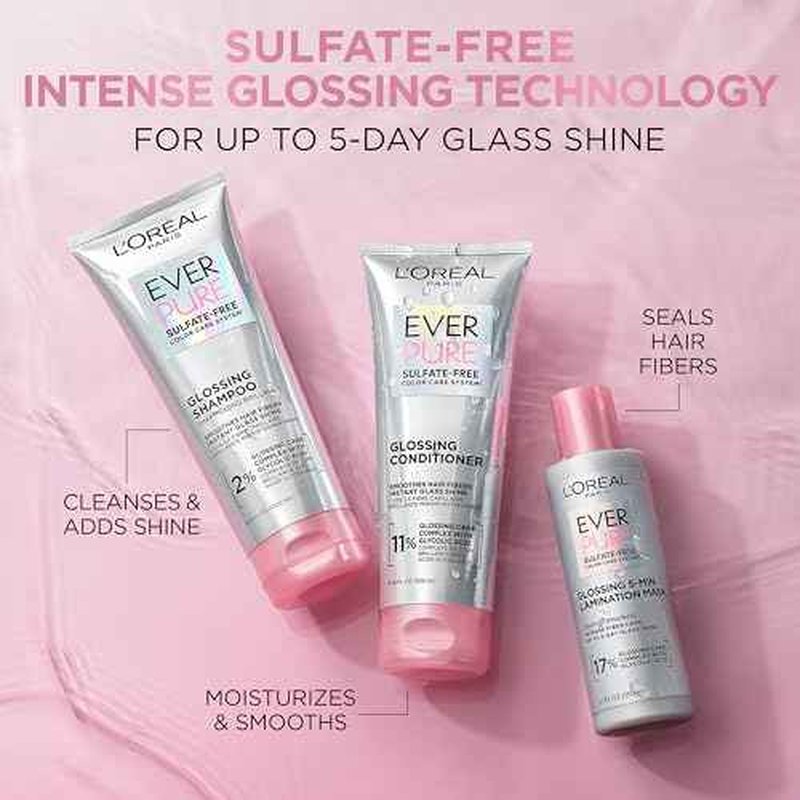 L'Oreal Paris Glossing Sulfate Free Shampoo with Glycolic Acid, Hair Care for Lasting Shine and Smoothness for Dull, Dry Hair, EverPure, 6.8 Fl Oz