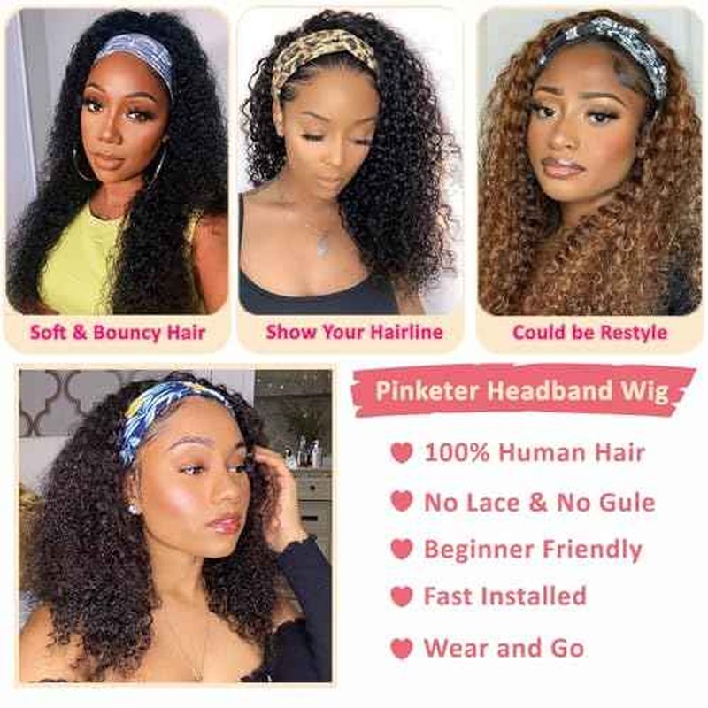 Headband Wig Human Hair Kinky Curly Headband Wigs for Black Women Non Lace Front Wig 150% Density Virgin Human Hair Wig Natural Color (Headband Wig, 28inch)