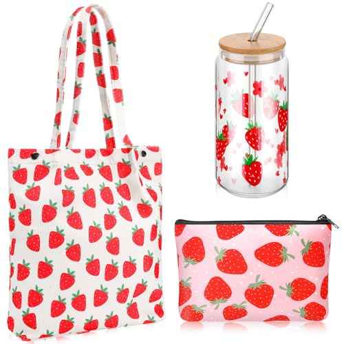 Strawberry Gift Set, Included 16oz Glass Cups with Lids and Straws Waterproof Travel Bag Pouch Strawberry Makeup Bag and Corduroy Tote for Women Christmas Birthday Mothers Day