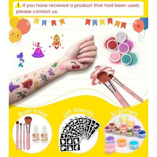 Temporary Glitter Tattoo Kids, Eleanore's Diary 31 Glitter Colors,165 Unique Stencils,2 Glue,4 Brushes,Adults & Kids Arts Glitter Make Up Kit, Gifts for Girls Boys Birthday Party Summer Festival