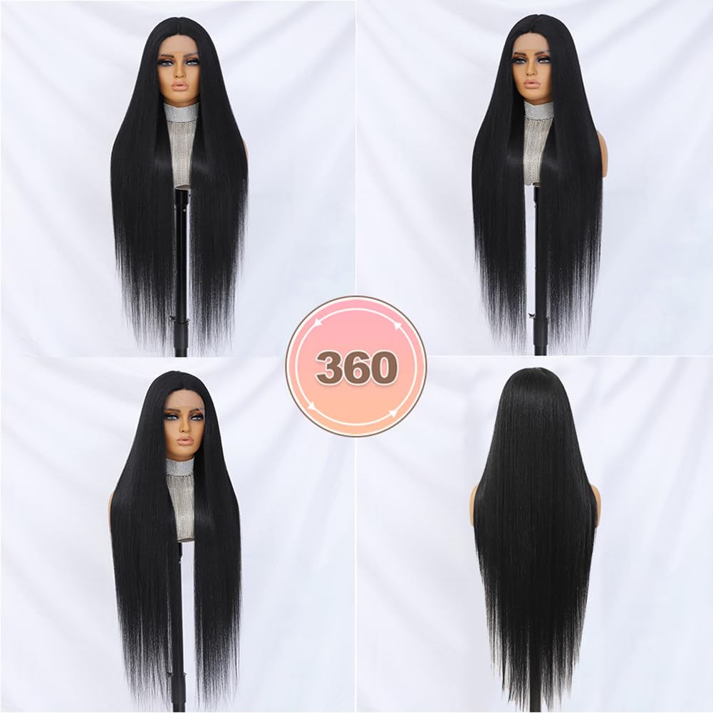 Felek Super Long Straight T Part Lace Wigs 40 Inch Long Hair 13x4x1 T Lace Front Wigs Heat Resistant Fiber Glueless Pre-Plucked Natural Hairline Lace Wig For Fashion Women/Girls (#1B