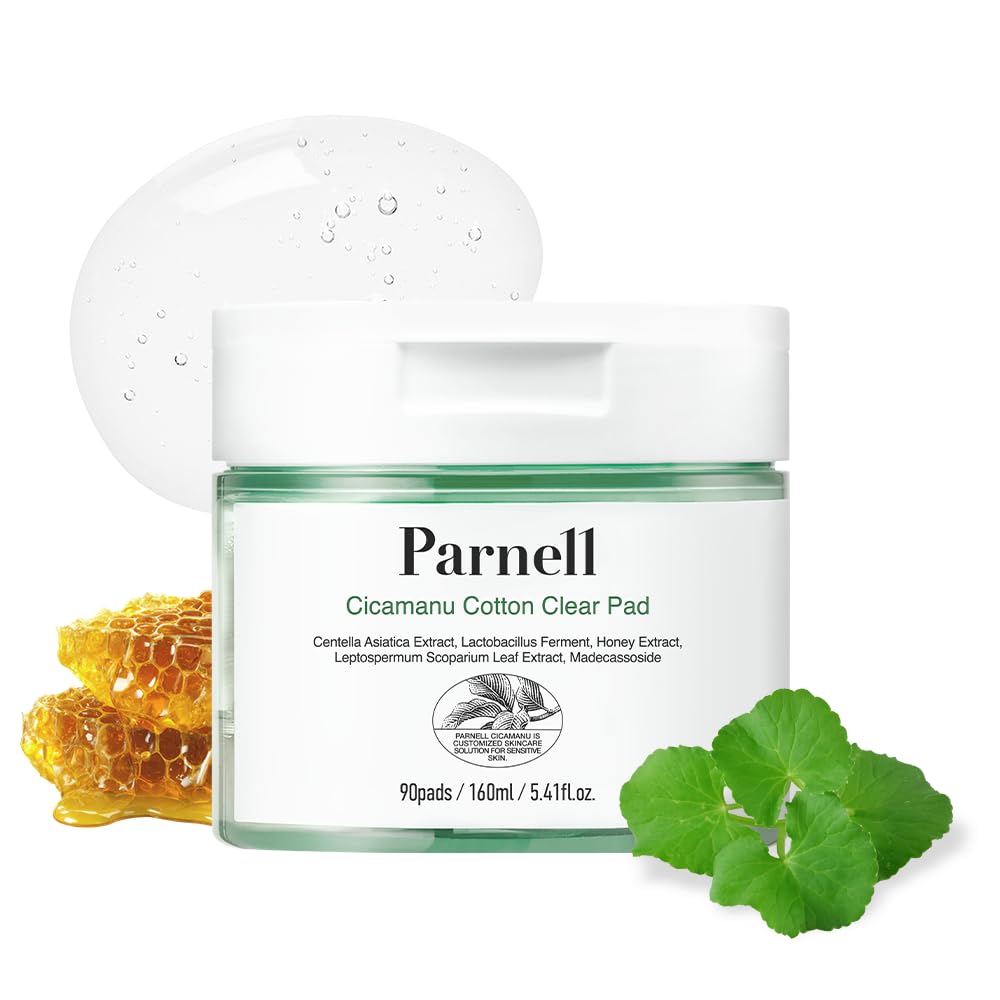 Parnell Cicamanu Cotton Clear Pad | Gentle Daily Exfoliating & Soothing Toner Pads for Sensitive Troubled Skin | Cica LHA PHA Ceramide HA Manuka Honey | Unbleached Biodegradable (90 Count)