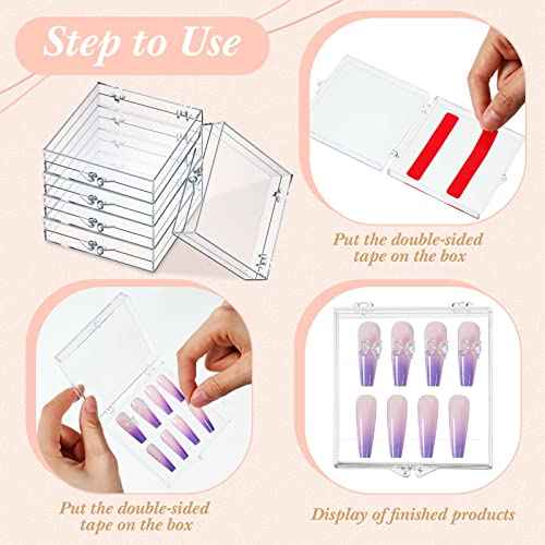 Landhoow 30-Piece Press on Nail Storage Box with 60-Piece Double-Sided Tape Acrylic Nail Display Case Packaging Organizer for Art Home Business Salon(Clear)