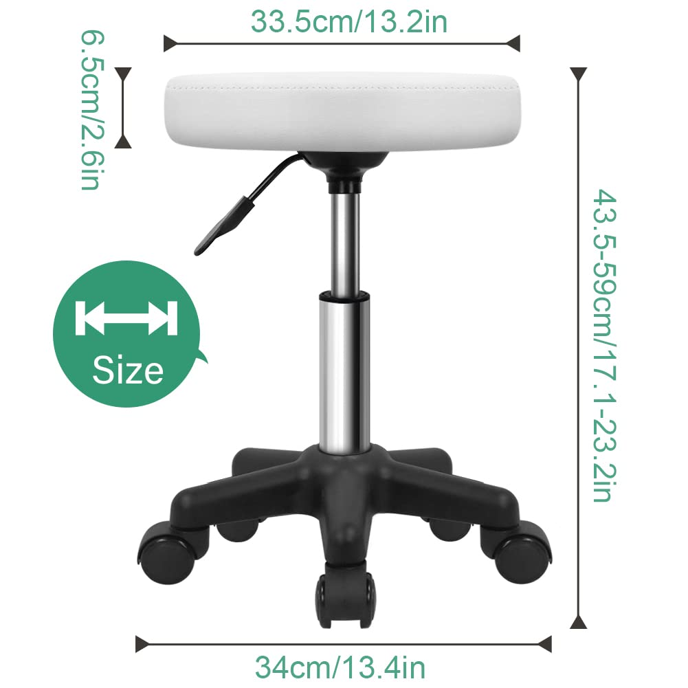 FURWOO Round Rolling Stool Height Adjustable Stool with Wheels for Spa Salon Massage White