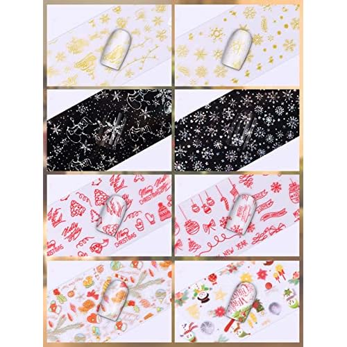 Kalolary 100 Sheets Christmas Nail Foil Transfer Stickers, Snowflakes Snowman Santa Claus Holographic Laser Nail Art Foils Decals for New Year Winter Nail Art Decoration