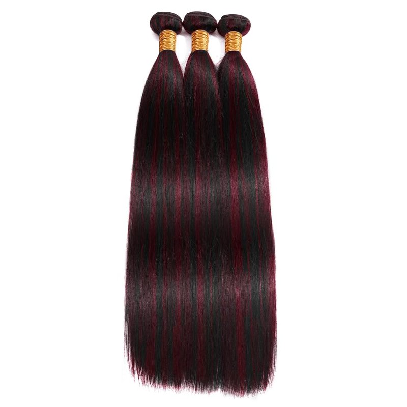 Highlight Straight Human Hair Bundles - Two Tone Black & Red Ombre | 3 Pack 12-14-16 Inch