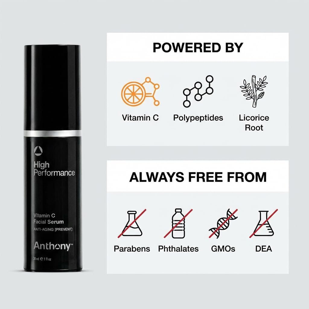 Anthony High Performance Vitamin C Cream Treatment, Advanced Anti-Aging Face Serum with Polypeptides and Salicylic Acid, Dark Spot Corrector Brightening Moisturizer, Hydrates Evens Skin Tone, 1 Fl Oz