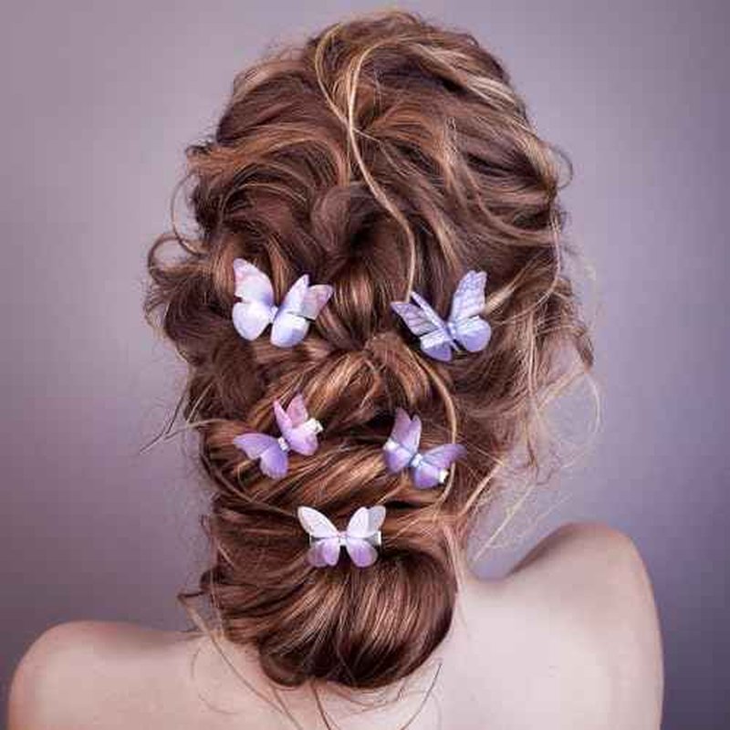 5Pcs Purple Butterfly Hair Clips, Gradient Rhinestone Organza Barrettes Christmas Bachelorette Party Halloween Rave Festival Concert Hair Accessories for Women