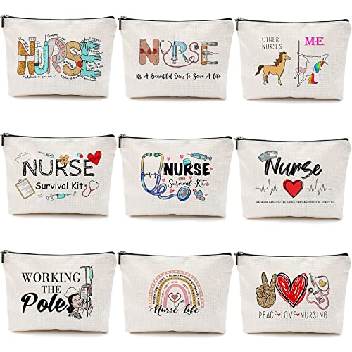 Pinkunn 9 Pcs Nurse Makeup Bags Nursing Gifts for Women Cosmetic Bag with Zipper Nursing Travel Toiletry Bag Accessories Survival Kit for Birthday Gift Funny for Nurses Student Thank You Christmas