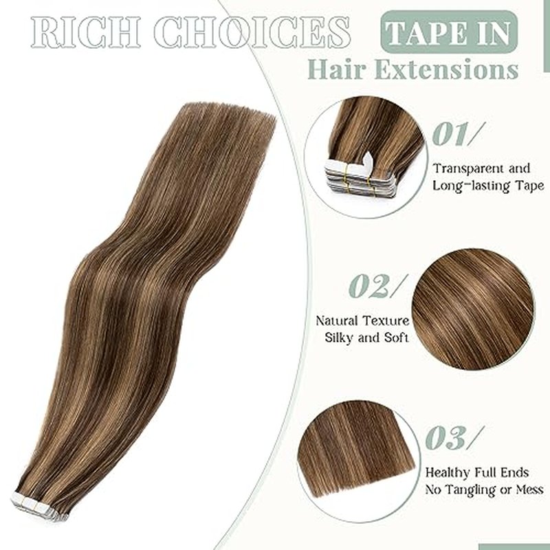Rich Choices Tape in Hair Extensions Human Hair, 40pcs 80g 100% Remy Seamless Tape Hair Extensions Real Human Hair,14 Inch #4P27 Medium Brown Highlighted Dark Blond
