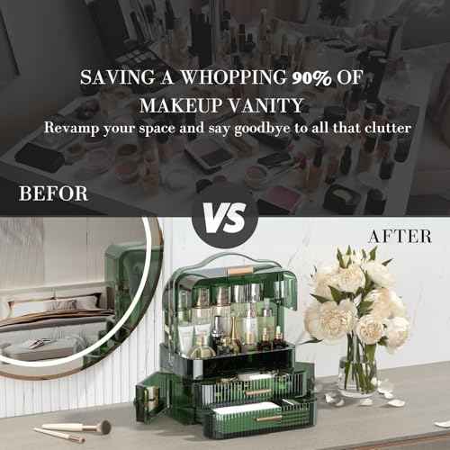 LINFIDITE Cosmetics Storage Box Transparent Lid Large Makeup Organizer Box Drawers Portable Handle Waterproof Dustproof Skincare Display Cases for Countertop, Bathroom, Dresser,Gift Clear Green