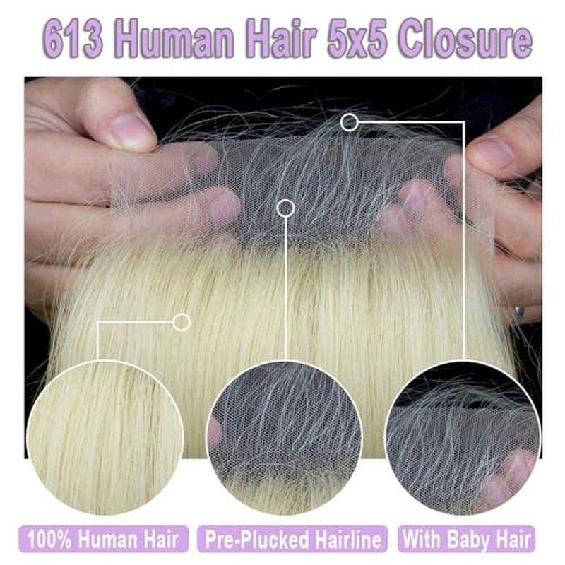 613 Closure Straight Blonde 5x5 HD Lace Closure Human Hair Extensions 12A Brazilian Virgin Remy Free Part 100% Blonde Human Hair Closure Pre Plucked With Baby Hair 14 Inch