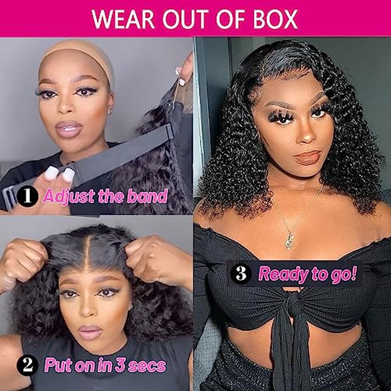 GOLFMAX Wear and Go Glueless Wigs Human Hair Pre Plucked Pre Cut Short Bob Wig Human Hair Wigs With Elastic Band For Black Women Deep Wave Curly 4x4 Closure Wig Water Wave Wigs 12 Inch