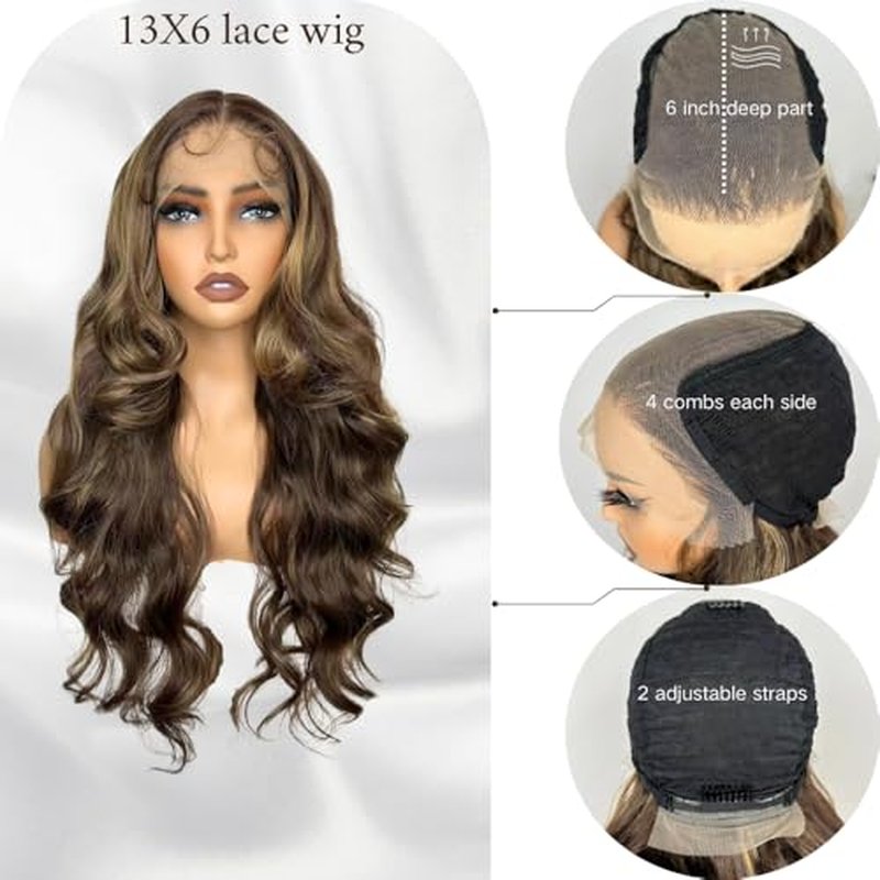 Ombre Brown Highlight Lace Front Wigs 13X6 Body Wave Synthetic Lace Front Wig For Black Women Highlight Wavy Wigs HD Glueless Lace Frontal Wigs Free Part Ready To Wear Wig