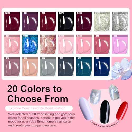 31 Pcs Dip Powder Nail Kit, 20 Colors Glitter Nude Pink Blue Gray Dip Powder Liquid Set with Top/Base Coat Activator for French Nails Art Manicure DIY Salon, No Needed Nail Lamp Curing