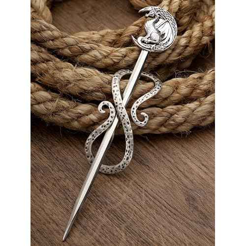 HAQUIL Dragon Crescent Moon Hairpin Metal Alloy Hair Accessory with Antique Silver Finish, Viking Dragon on Moon Hair Pin, Perfect Jewelry Gift for Women and Men