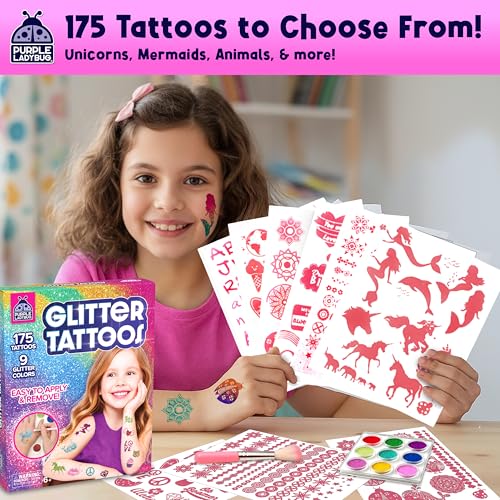 PURPLE LADYBUG 175-Piece No-Mess Temporary Glitter Tattoo Kit for Kids & Teens - Craft for Girls 8-12, Birthday Gift for Girls 6-12, Sleepover Kit, Shimmer Body Art, Halloween Party, Trick or Treat