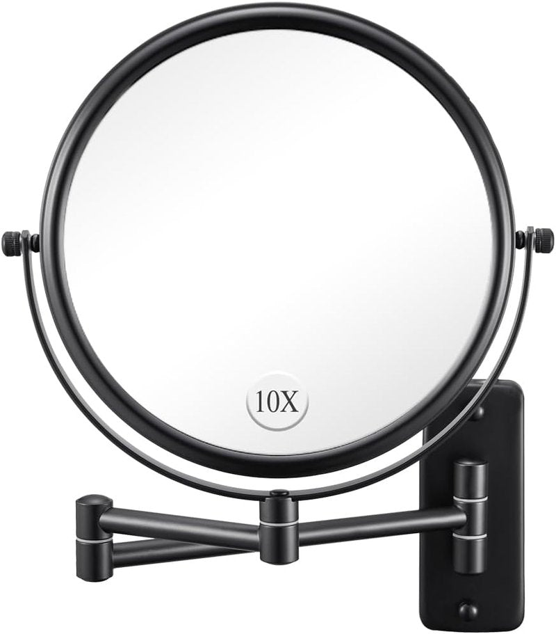 Wall Mounted Makeup Mirror - 8 Inch Double-Sided 1X/10X Magnification | 360° Swivel Extendable for Bathroom, Black
