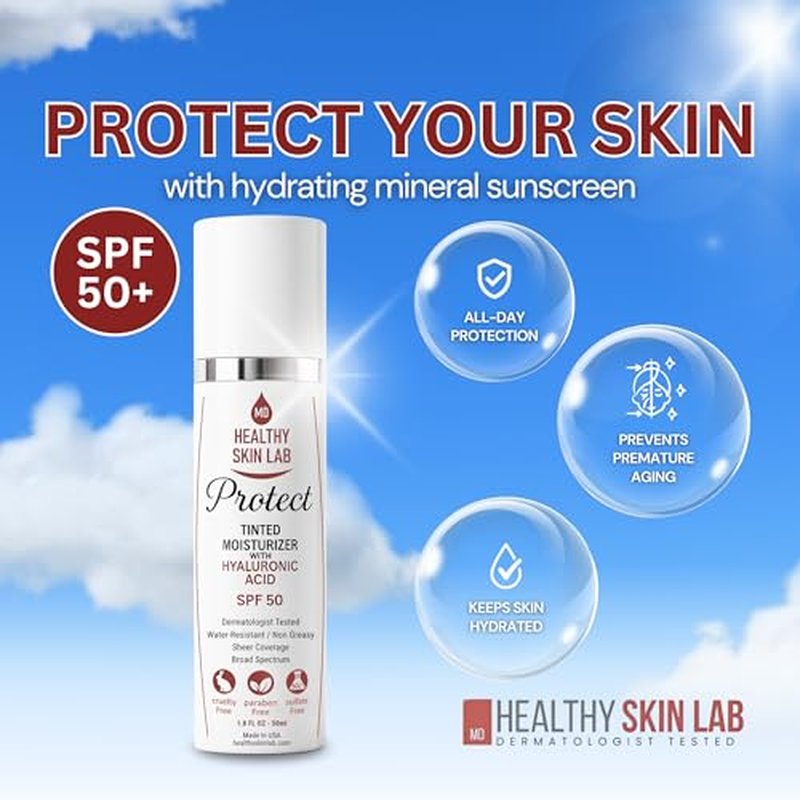 Healthy Skin Lab Protect Tinted Moisturizer & Mineral Sunscreen SPF 50, Anti-Aging, Lightweight Makeup With Broad Spectrum UV Protection + Hyaluronic Acid, Dermatologist-Tested, All Skin Types, 1.8 oz