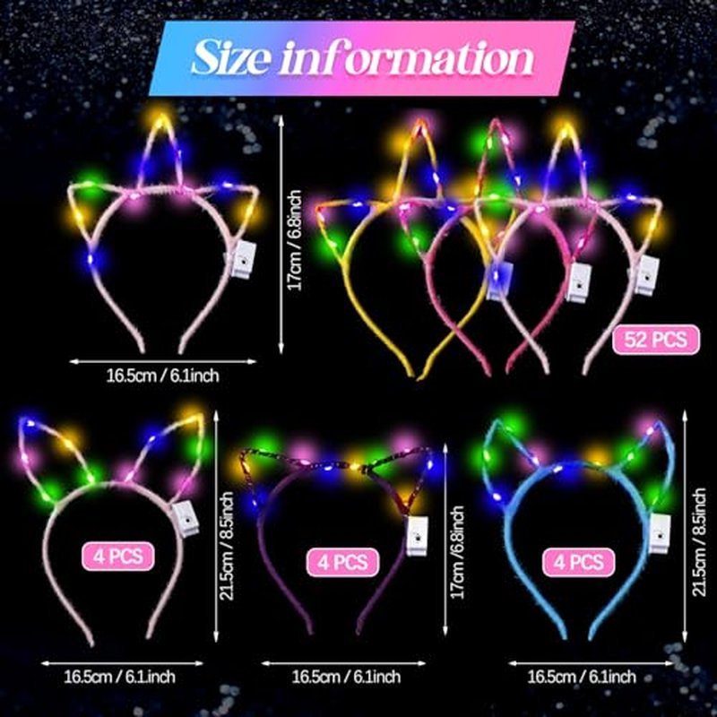 Xinnun 64 Pieces Light up Cat Ears Headband LED Bunny Glow in Dark Cat Ears Hairband Party Supplies for Women Adult Costume (Unicorn)