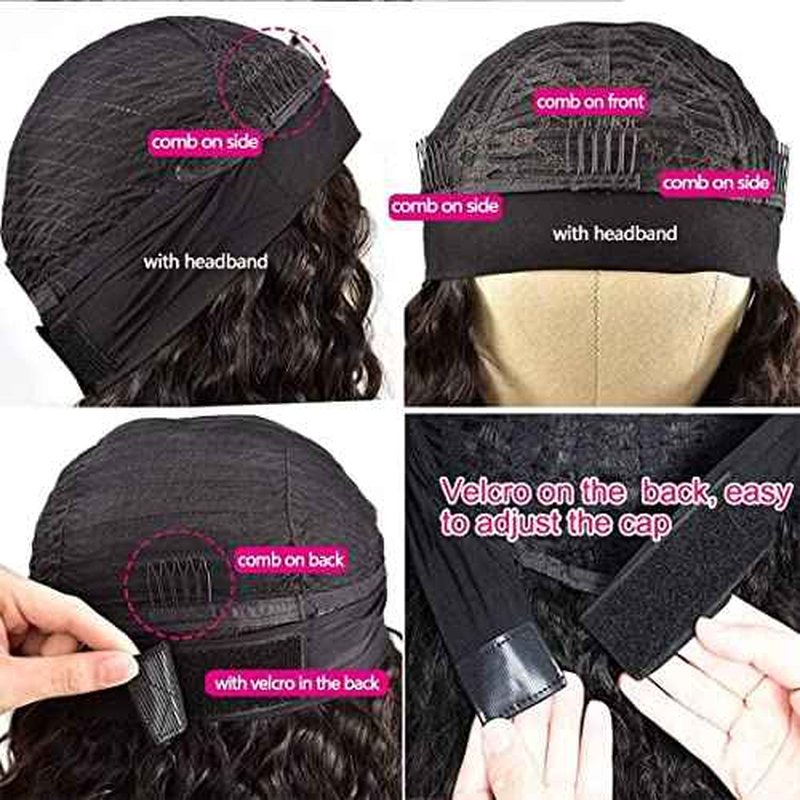Deep Wave Headband Wig Human Hair 26 Inch Curly Headband Wigs for Black Women Human Hair Glueless None Lace Front Wigs Brazilian Virgin Hair Wig Machine Made 150% Density Natural Black Color