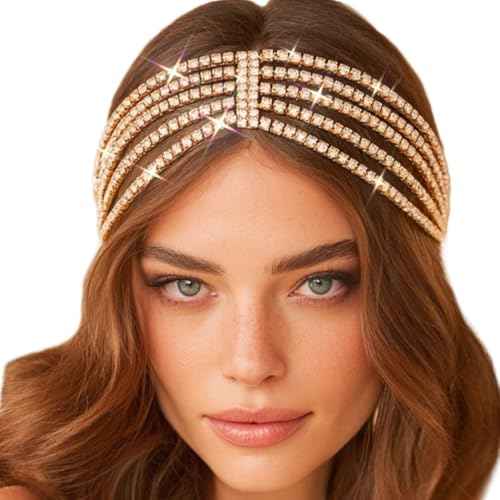 Jeairts Rhinestone Head Chain Forehead Bridal Headband Elastic Crystal Hair Band Halloween Prom Hair Jewelry for Women