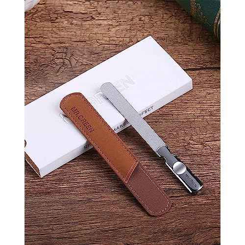 Stainless Steel Nail File with Anti-Slip Handle and Leather Case, Double Sided and Files Nails Easily for Men and Woman
